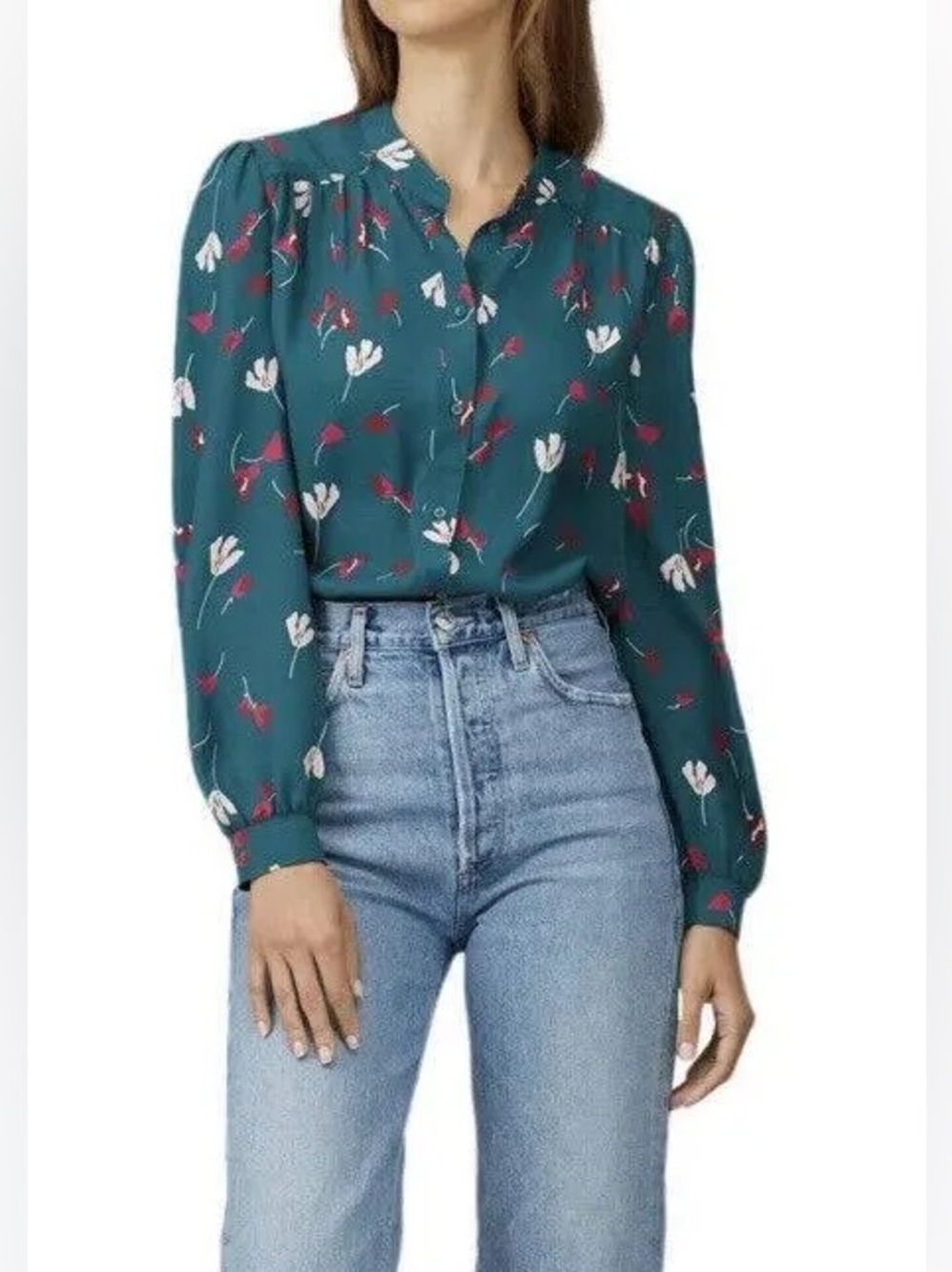 JOIE Women’s Myella Floral Print Blouse Size S Teal Long Sleeve Button Top